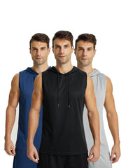 Men'S 3Pcs Solid Drawstring Hooded Sports Vest, Casual Sporty Sleeveless Hooded Tank Top for Gym Workout Running, Running Vest, Athletic Vest for Men